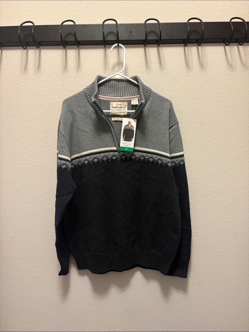 NEW Original Weatherproof Vintage Men's 1/4 Zip Holiday Sweater- Gray Black - XL